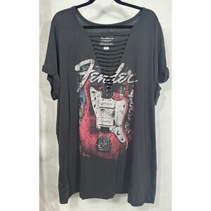 Fender Graphic Cutout Neck T-Shirt Black Oversized Women’s Plus Size 3X